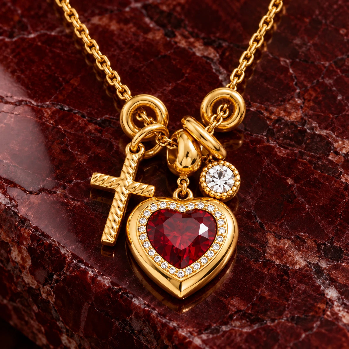 Vesviora Crimson Devotion Heart & Cross Charm Necklace
