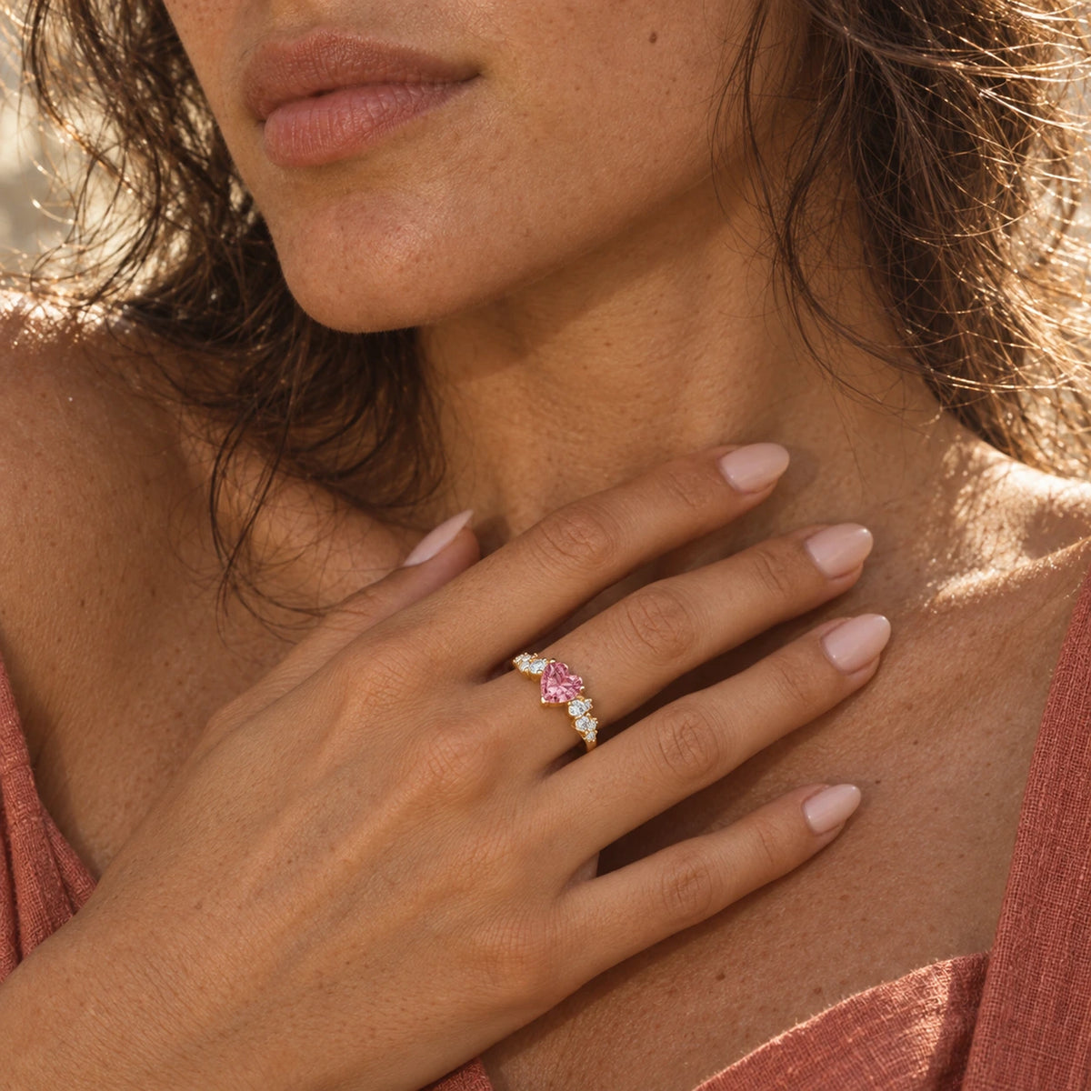 VESVIORA Lab-Grown Padparadscha Pink Heart Ring in Gold-Plated 925 Sterling Silver