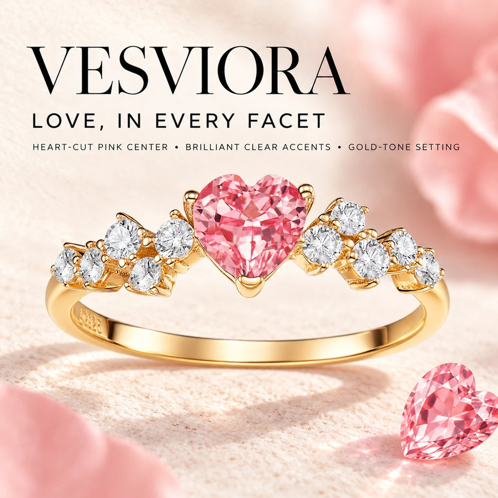 VESVIORA Lab-Grown Padparadscha Pink Heart Ring in Gold-Plated 925 Sterling Silver