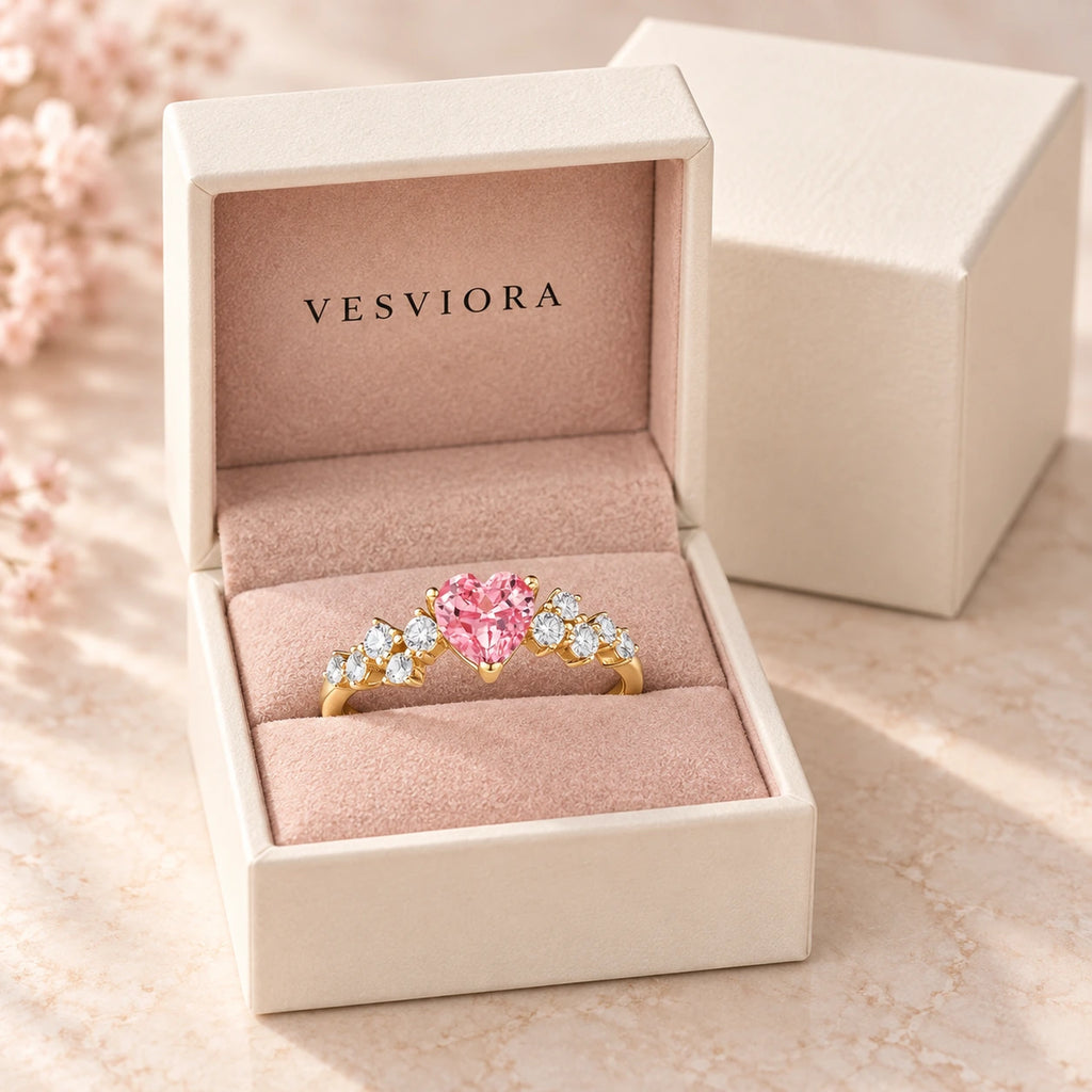 VESVIORA Lab-Grown Padparadscha Pink Heart Ring in Gold-Plated 925 Sterling Silver