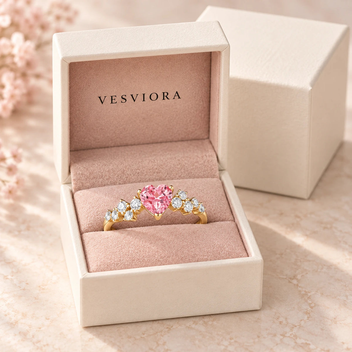 VESVIORA Lab-Grown Padparadscha Pink Heart Ring in Gold-Plated 925 Sterling Silver
