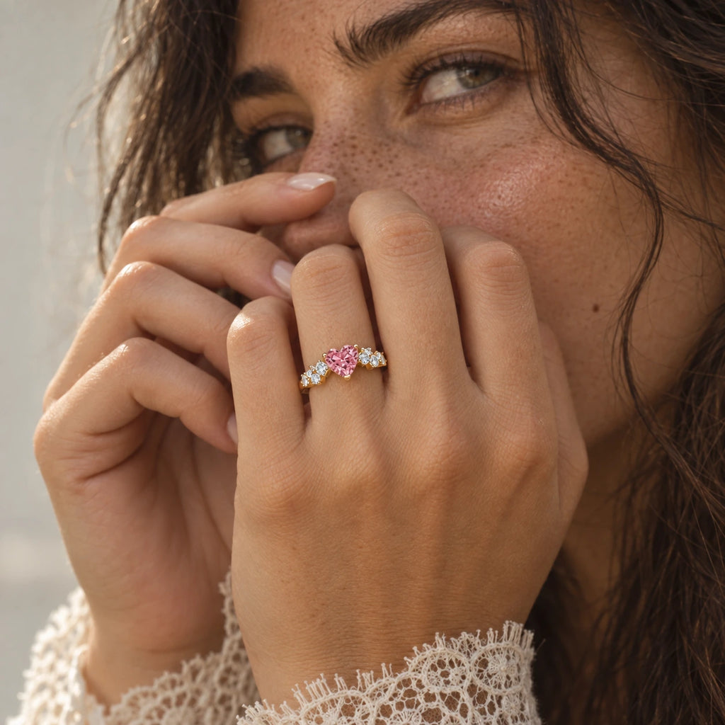 VESVIORA Lab-Grown Padparadscha Pink Heart Ring in Gold-Plated 925 Sterling Silver