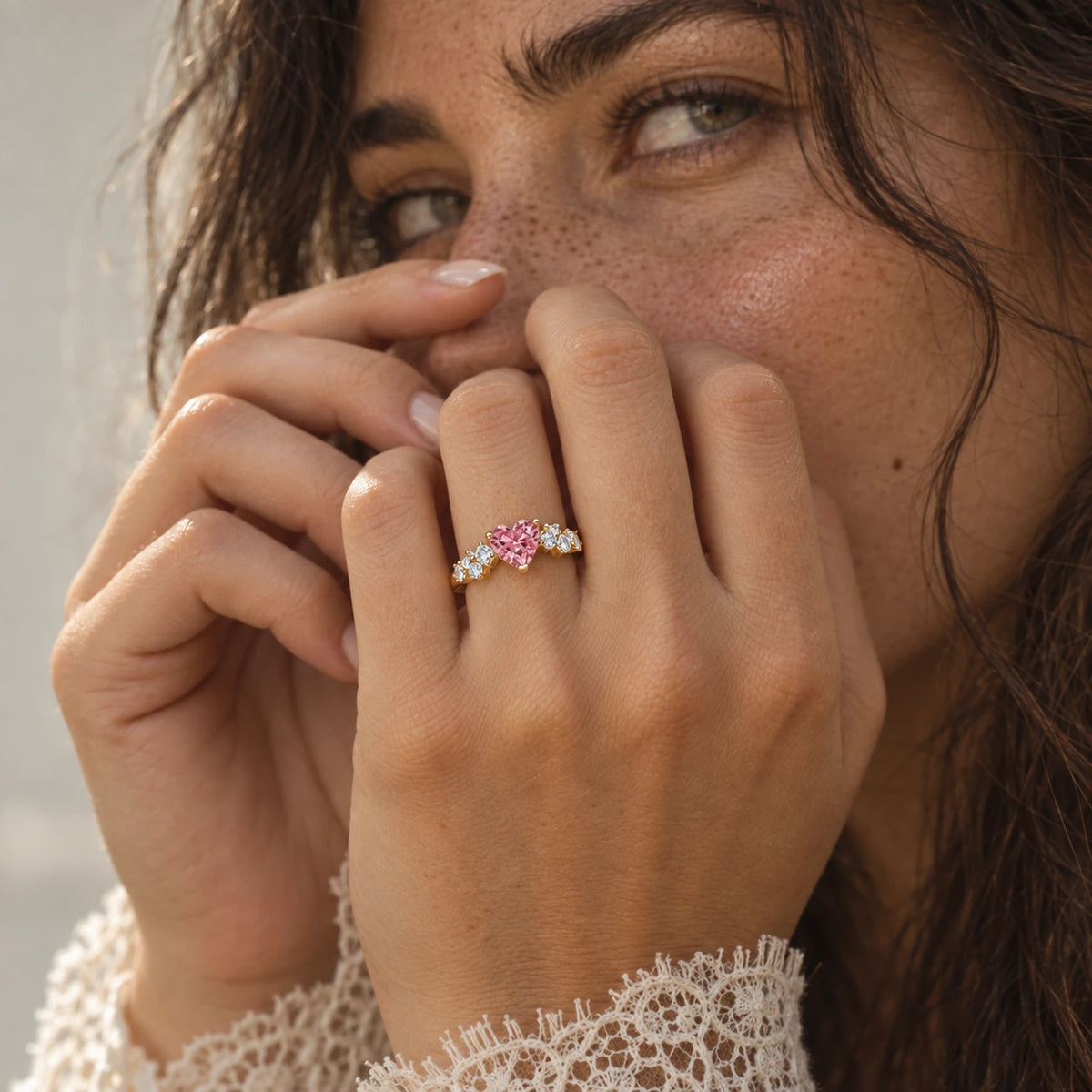 VESVIORA Lab-Grown Padparadscha Pink Heart Ring in Gold-Plated 925 Sterling Silver