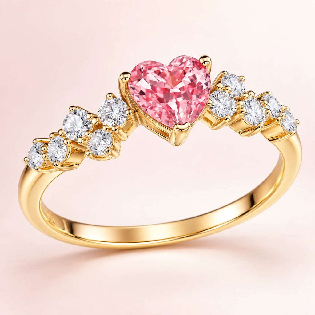 VESVIORA Lab-Grown Padparadscha Pink Heart Ring in Gold-Plated 925 Sterling Silver