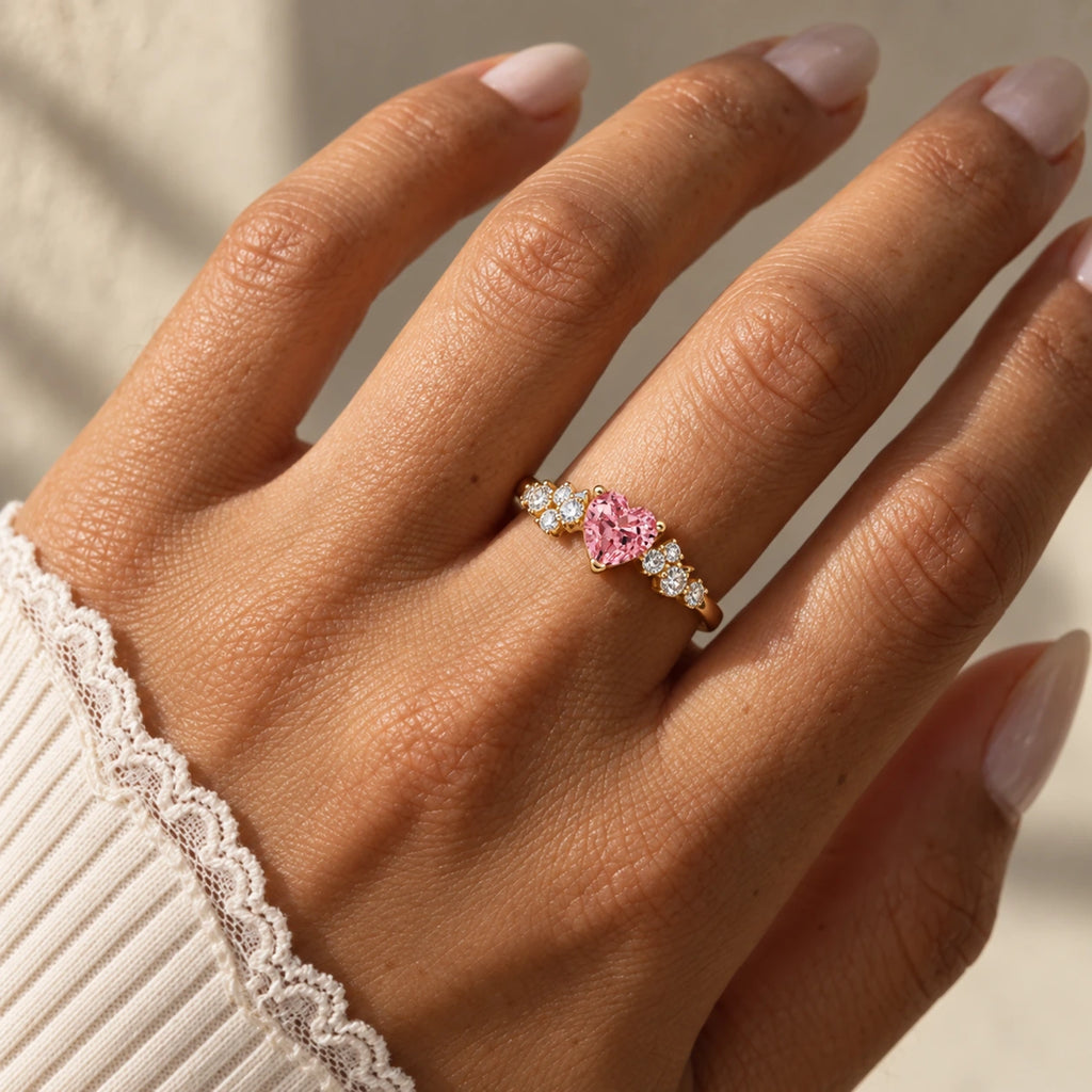 VESVIORA Lab-Grown Padparadscha Pink Heart Ring in Gold-Plated 925 Sterling Silver
