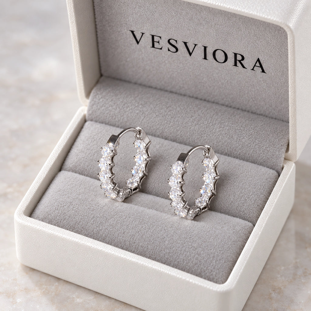 VESVIORA Silver-Tone Five-Stone Cubic Zirconia Hoop Earrings