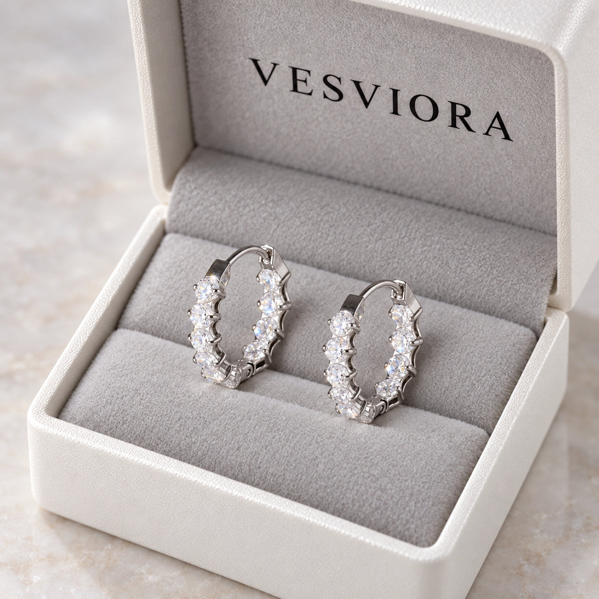VESVIORA Silver-Tone Five-Stone Cubic Zirconia Hoop Earrings