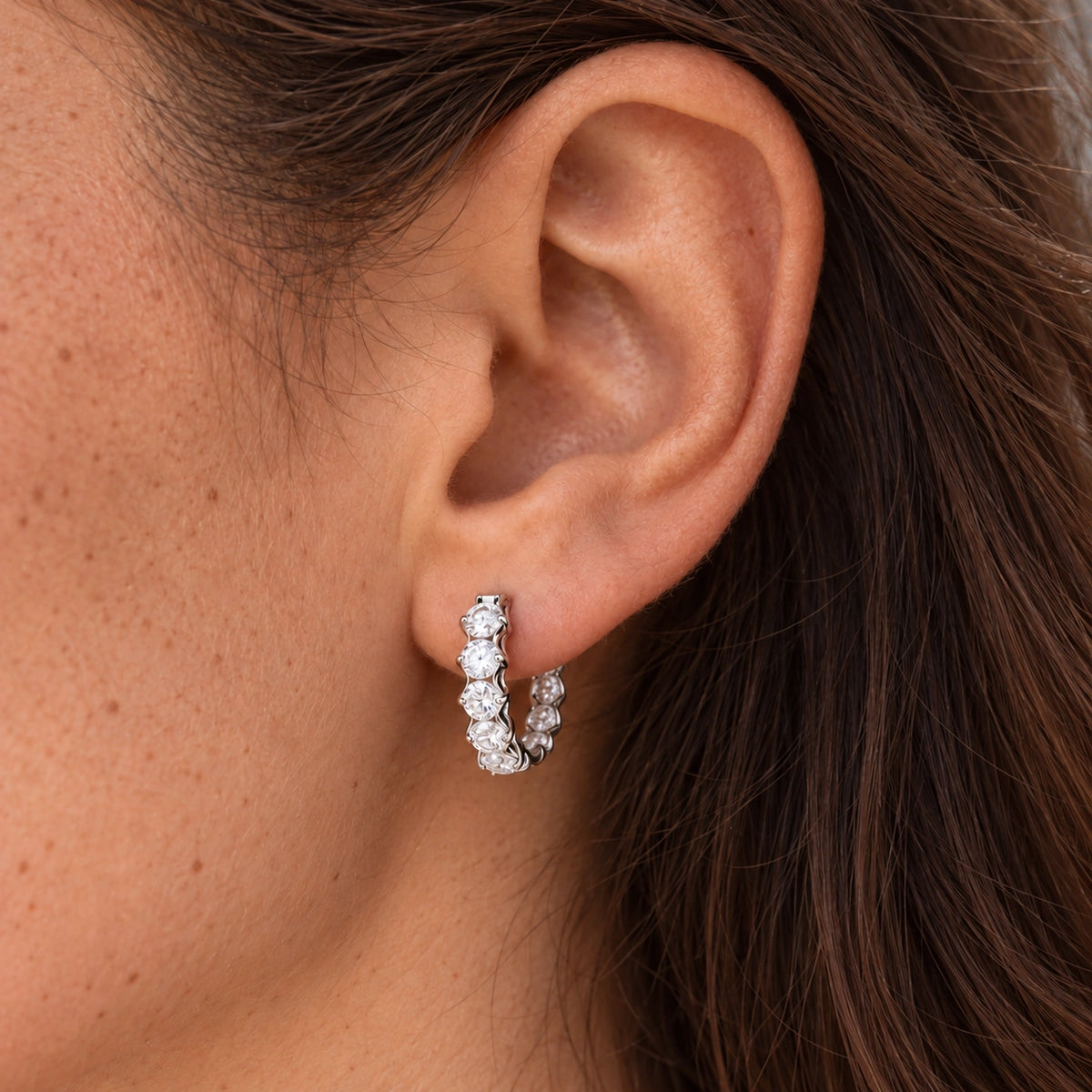VESVIORA Silver-Tone Five-Stone Cubic Zirconia Hoop Earrings