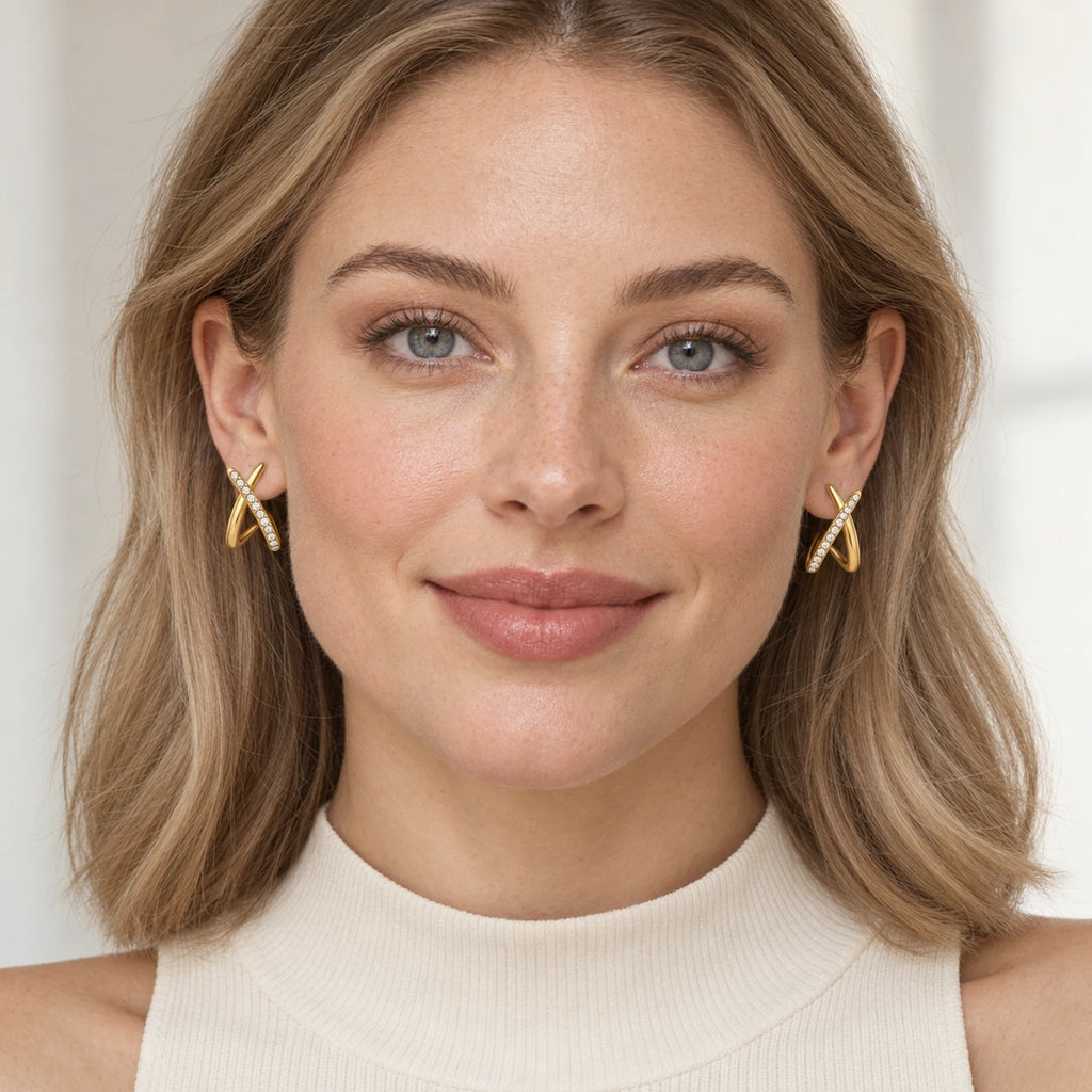 VESVIORA Gold-Tone X Pavé Hoop Earrings